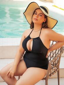 SHEIN Swim Curve Summer Plus Size Ruched Halter One Piece Swimsuit - Black - View 5