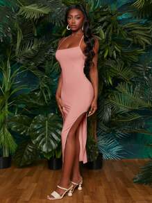 SHEINNeu Lace Up Backless Split Thigh Cami Dress - Coral Pink - View 3
