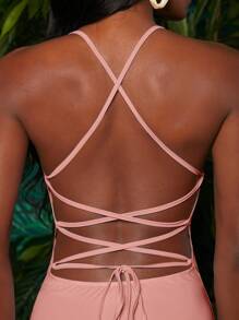 SHEINNeu Lace Up Backless Split Thigh Cami Dress - Coral Pink - View 4