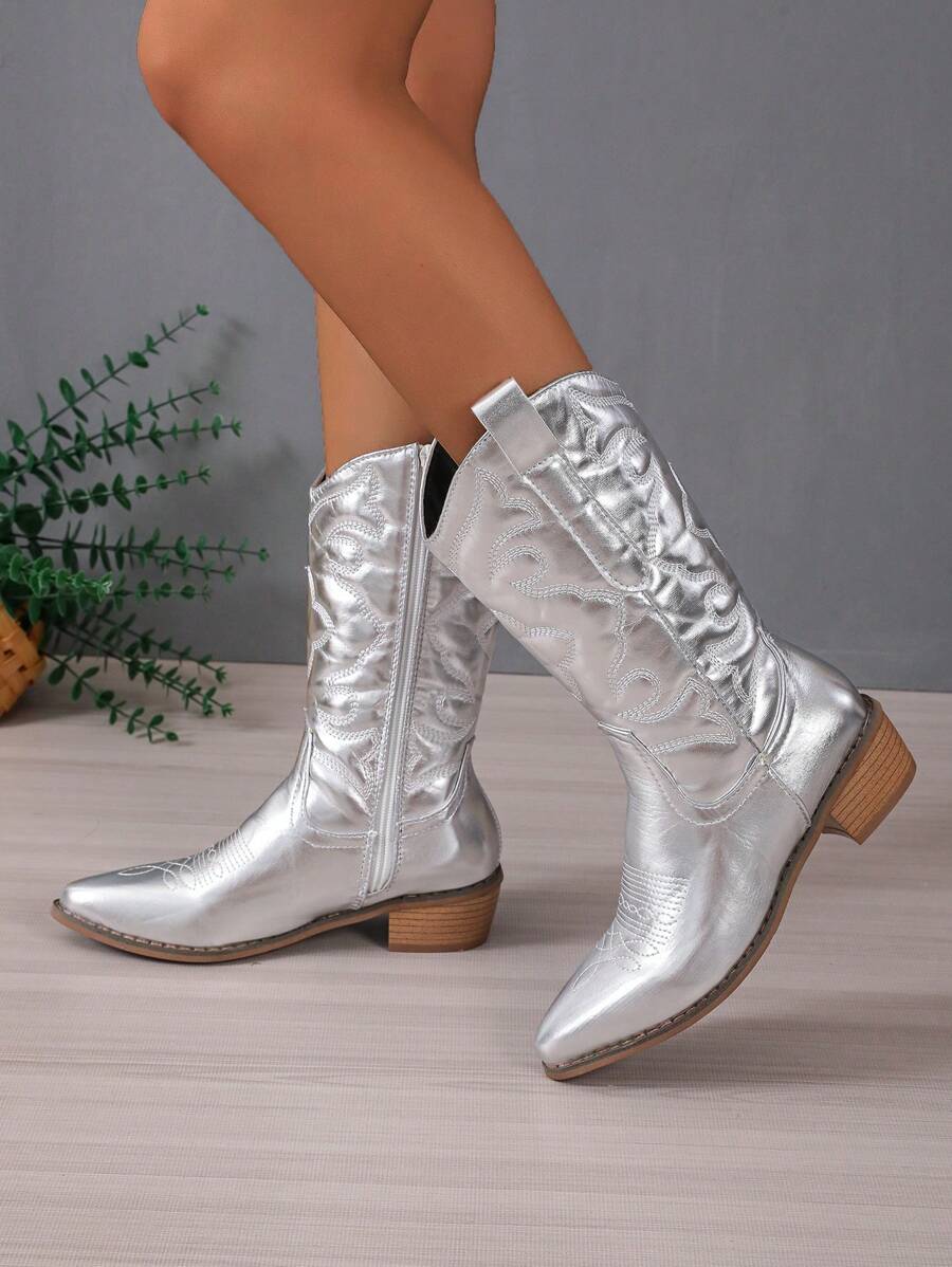 Botas De Moda Occidental Plateadas Para Mujeres Para Otoño E Invierno, Uso Casual - Plateado - Ver 1