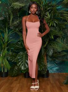 SHEINNeu Lace Up Backless Split Thigh Cami Dress - Coral Pink - View 5