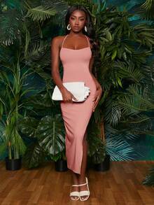 SHEINNeu Lace Up Backless Split Thigh Cami Dress - Coral Pink - View 6