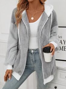 SHEIN LUNE 落肩袖抽繩連帽毛絨夾克 - 淺灰色 - 查看 6