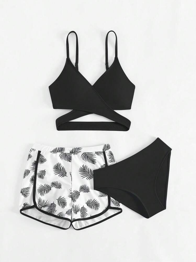 Teen Girl Wrap Bikini Set With Tropical Print Beach Shorts Summer Beach - Black - View 5