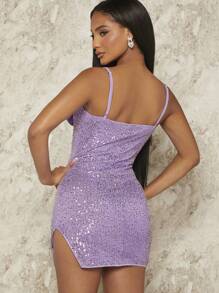 SHEIN BAE Christmas 3D Rosette Split Hem Sequin Cami Dress
