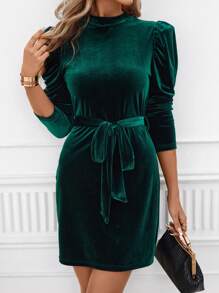 Ellevyn 小高領泡泡袖腰帶絲絨洋裝