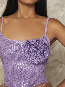 SHEIN BAE Christmas 3D Rosette Split Hem Sequin Cami Dress