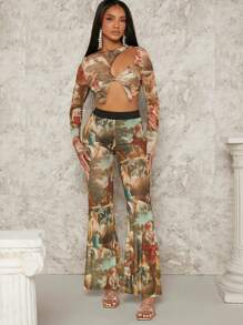 SHEIN BAE 1pc Figure Graphic Flare Leg Pants - Multicolor - View 3