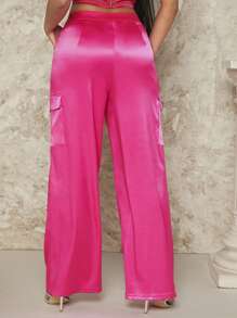 SHEIN BAE Chất rắn Xa ten Quần ống rộng - Màu Hồng Tươi - Xem 2