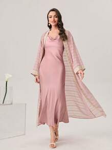 Modelyn Contrast Trim Open Front Coat & Cami Dress - Dusty Pink - View 1