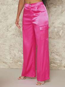 SHEIN BAE Chất rắn Xa ten Quần ống rộng - Màu Hồng Tươi - Xem 4