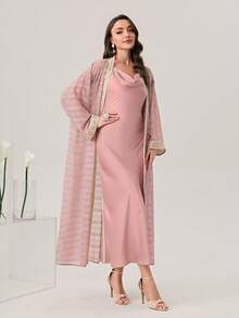Modelyn Contrast Trim Open Front Coat & Cami Dress - Dusty Pink - View 2