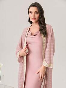 Modelyn Contrast Trim Open Front Coat & Cami Dress - Dusty Pink - View 5