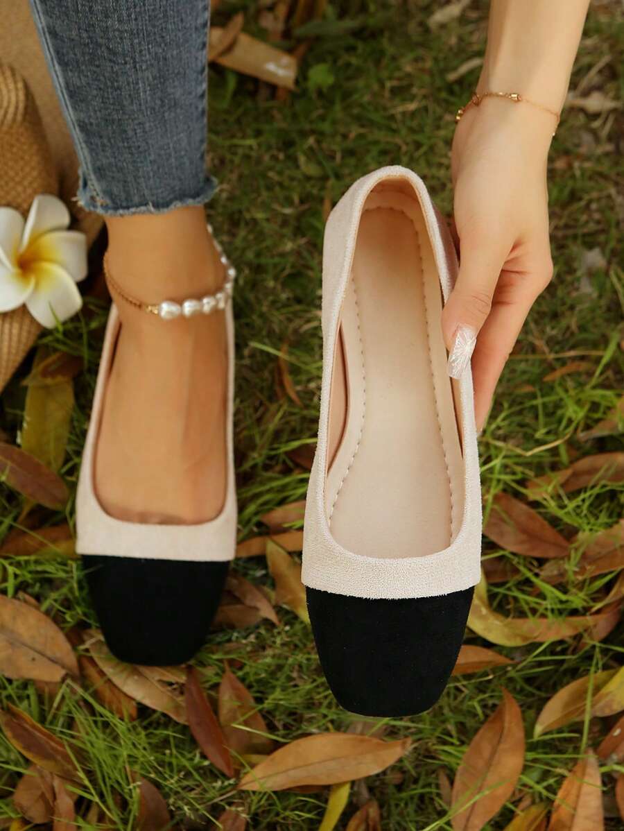 Women's Two Tone Round Toe Ballet Flats With Patchwork - Beige - View 1