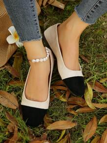 Women's Two Tone Round Toe Ballet Flats With Patchwork - Beige - View 2