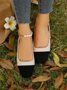 Women's Two Tone Round Toe Ballet Flats With Patchwork - Beige - View 3