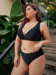 Swim Vcay Plus Size Scallop Trim Bikini Set Summer Beach - Black - View 1