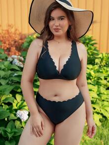 Swim Vcay Plus Size Scallop Trim Bikini Set Summer Beach - Black - View 5