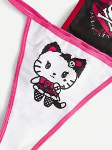 ROMWE Kawaii 3件卡通圖案撞色滾邊丁字褲套裝 - 彩色 - 查看 3