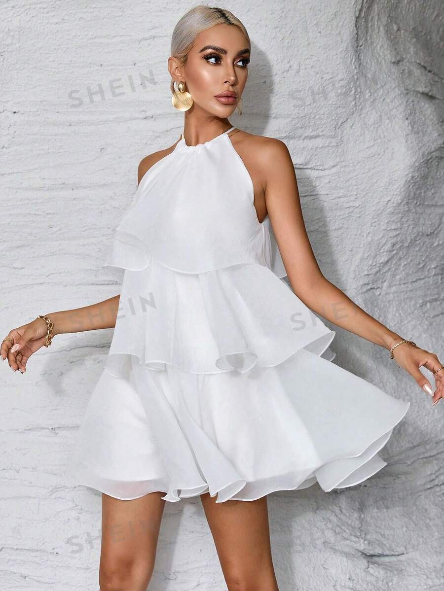 SHEIN Privé Wedding Dress Guest Layer Hem Halter Neck White Dress