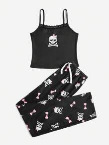 ROMWE Kawaii Skull Print Contrast Lace PJ Set, School - Black - View 1