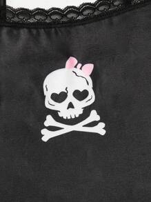 ROMWE Kawaii Skull Print Contrast Lace PJ Set, School - Black - View 4