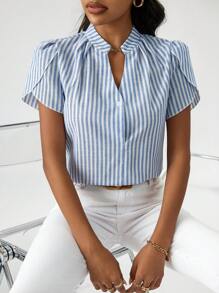 SHEIN Privé Striped Print Notched Neckline Petal Sleeve Blouse - Blue and White - View 1