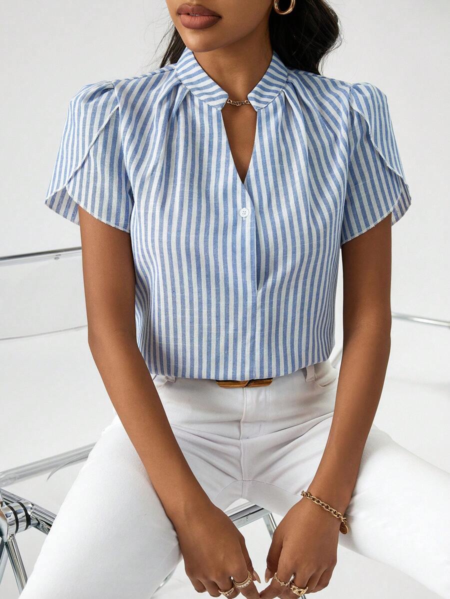 SHEIN Privé Striped Print Notched Neckline Petal Sleeve Blouse - Blue and White - View 1