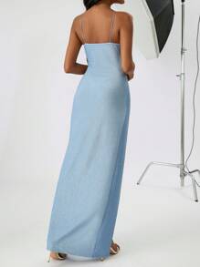 SHEIN Privé 垂領褶邊高衩吊帶連衣裙