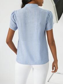 SHEIN Privé Striped Print Notched Neckline Petal Sleeve Blouse - Blue and White - View 2