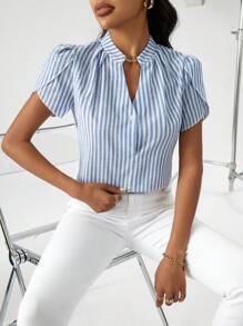 SHEIN Privé Striped Print Notched Neckline Petal Sleeve Blouse - Blue and White - View 6