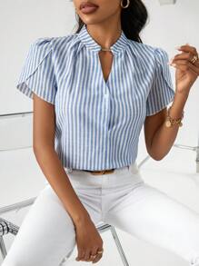 SHEIN Privé Striped Print Notched Neckline Petal Sleeve Blouse - Blue and White - View 7