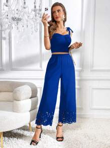 SHEIN Privé 鏤空闊腿褲 - 寶藍色 - 查看 5