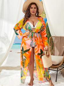 Swim Lushoire Summer Beach Plus Tropical Print Belted Kimono - Multicolor - View 2