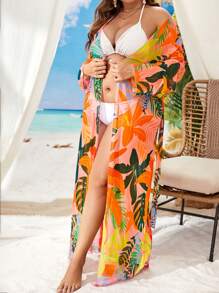 Swim Lushoire Summer Beach Plus Tropical Print Belted Kimono - Multicolor - View 3