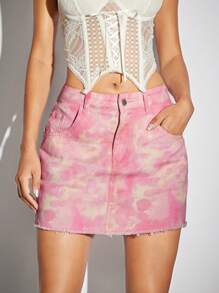 SHEIN BAE Váy denim nữ Nút Túi Hem thô Dây kéo Cà vạt nhuộm - Hồng - Xem 3