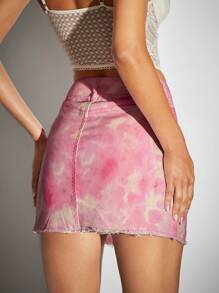 SHEIN BAE Váy denim nữ Nút Túi Hem thô Dây kéo Cà vạt nhuộm - Hồng - Xem 2