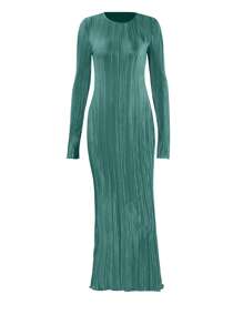 Solid Lettuce Trim Plisse Dress - Dark Green - View 1