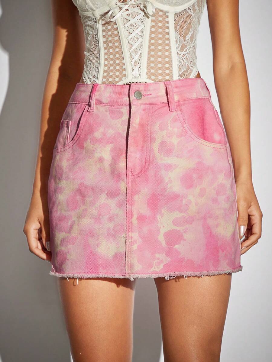 SHEIN BAE Váy denim nữ Nút Túi Hem thô Dây kéo Cà vạt nhuộm - Hồng - Xem 1