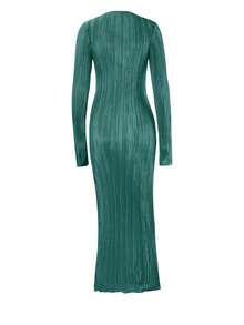 Solid Lettuce Trim Plisse Dress - Dark Green - View 2