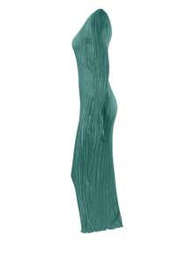 Solid Lettuce Trim Plisse Dress - Dark Green - View 3