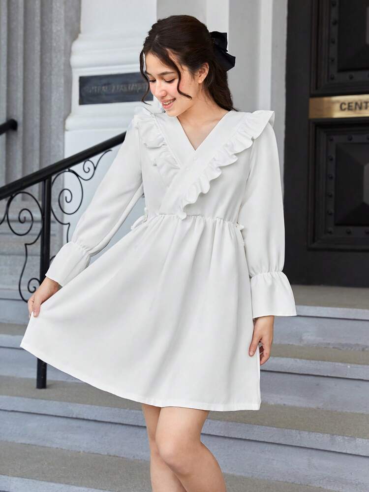 Teen Girl Ruffle Trim Flare Sleeve Dress