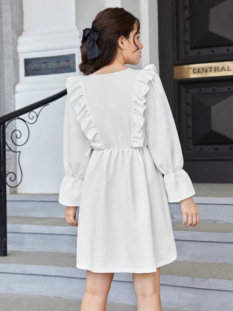 Teen Girl Ruffle Trim Flare Sleeve Dress