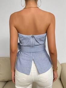 Chiquease 條紋印花腰帶抹胸上衣 - 藍白色 - 查看 2