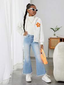 SHEIN Cô gái Tween In hoa Thả vai áo có mũ Áo khoác - trắng - Xem 3