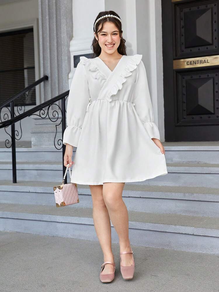 Teen Girl Ruffle Trim Flare Sleeve Dress