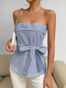Chiquease 條紋印花腰帶抹胸上衣 - 藍白色 - 查看 4