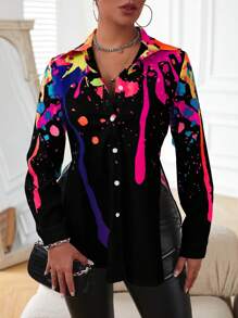 SHEIN Slayr 潑墨圖案前紐扣襯衫 - 黑色 - 查看 3