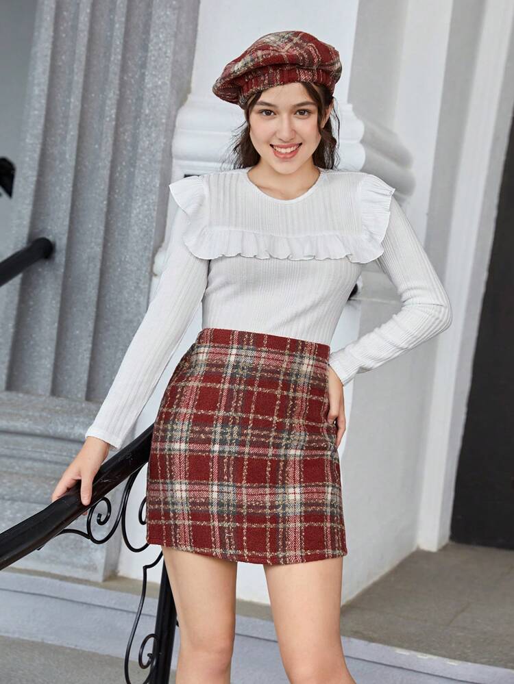 Teen Girls Ruffle Trim Tee & Plaid Print Skirt