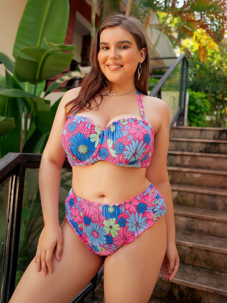 SHEIN Swim Curve 大碼花卉印花推上型比基尼套裝，夏季沙灘必備 - 彩色 - 查看 1